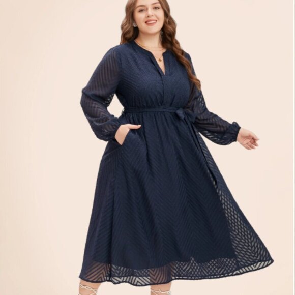 BloomChic Plus Size 2XL Solid Geometric Pocket Mesh Lantern Sleeve Belt Dress - Picture 1 of 7